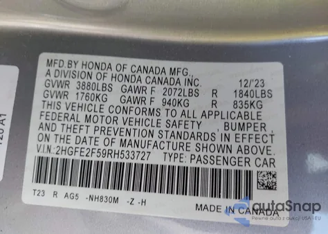 2024 Honda Civic Sport из США, поврежденный, VIN 2HGFE2F59RH533727